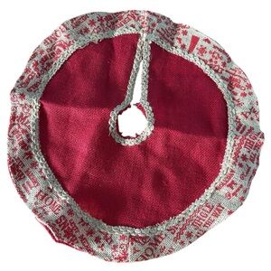 Rustic Red and Tan Burlap Small Christmas Tree Skirt with Holiday Themed Text